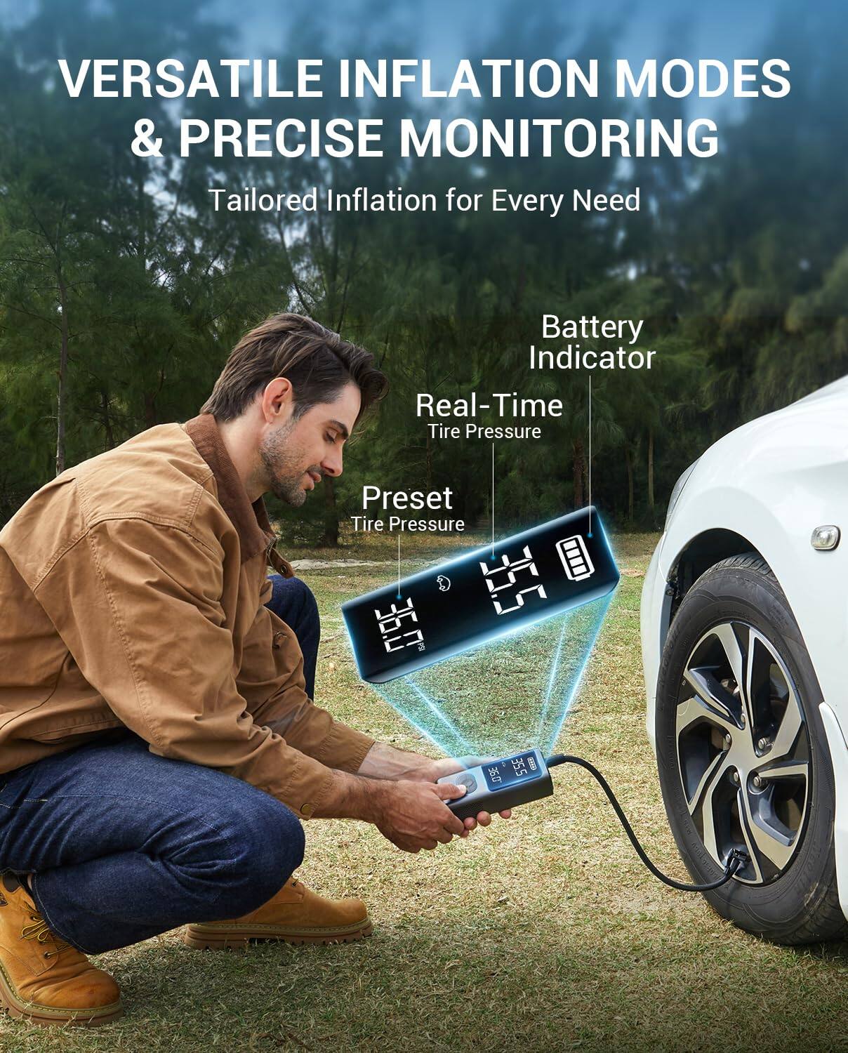 VERSATILE INFLATION MODES & PRECISE MONITORING  
Tailored Inflation for Every Need  

Battery Indicator  
Real-Time Tire Pressure  
Preset Tire Pressure