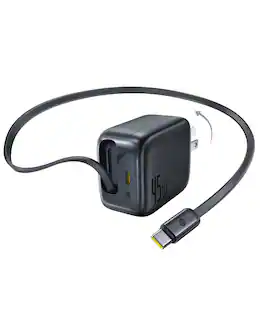 Baseus - Enercore 45W USB-C Retractable Cable Charger with Dual-Port Fast Charging and Foldable Plug - Black