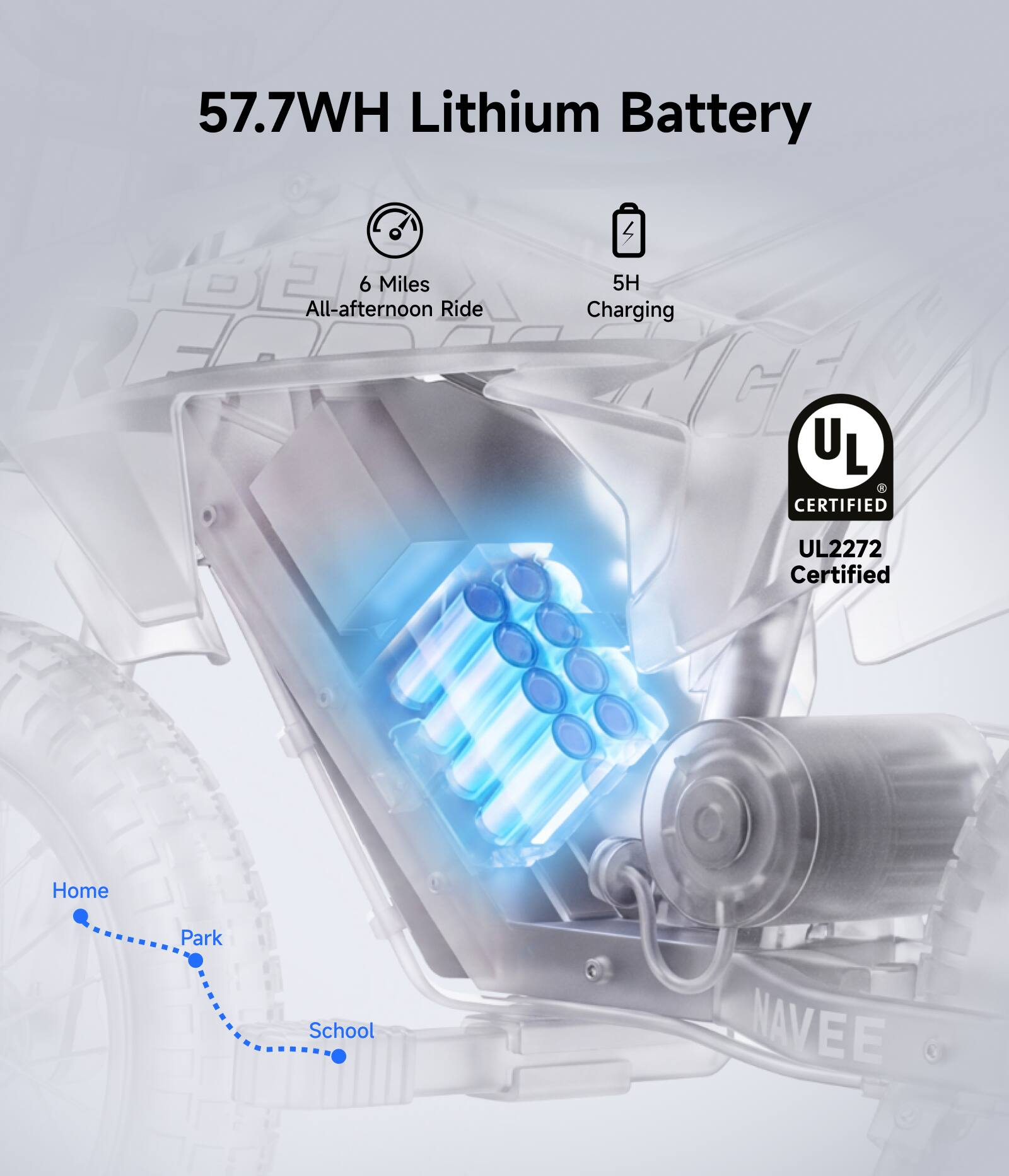 57.7WH Lithium Battery

- 6 Miles All-afternoon Ride
- 5H Charging

UL CERTIFIED
UL2272 Certified

Home - Park - School

NAVEE