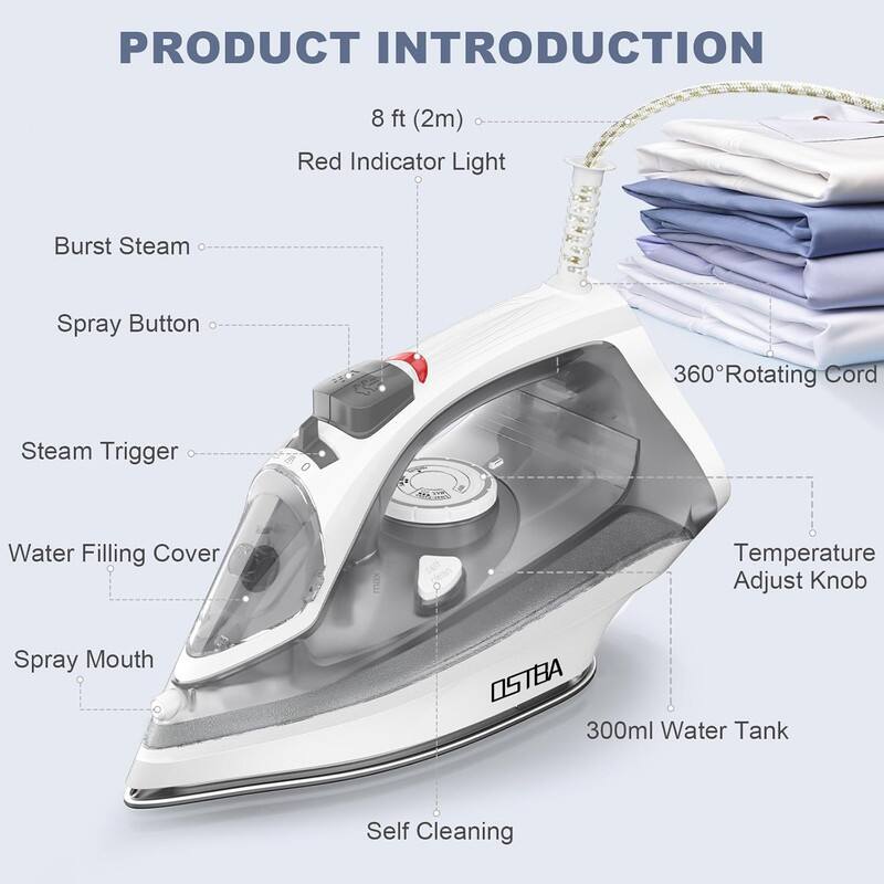 PRODUCT INTRODUCTION

- 8 ft (2m)
- Red Indicator Light
- Burst Steam
- Spray Button
- Steam Trigger
- Water Filling Cover
- Spray Mouth
- 360° Rotating Cord
- Temperature Adjust Knob
- 300ml Water Tank
- Self Cleaning
