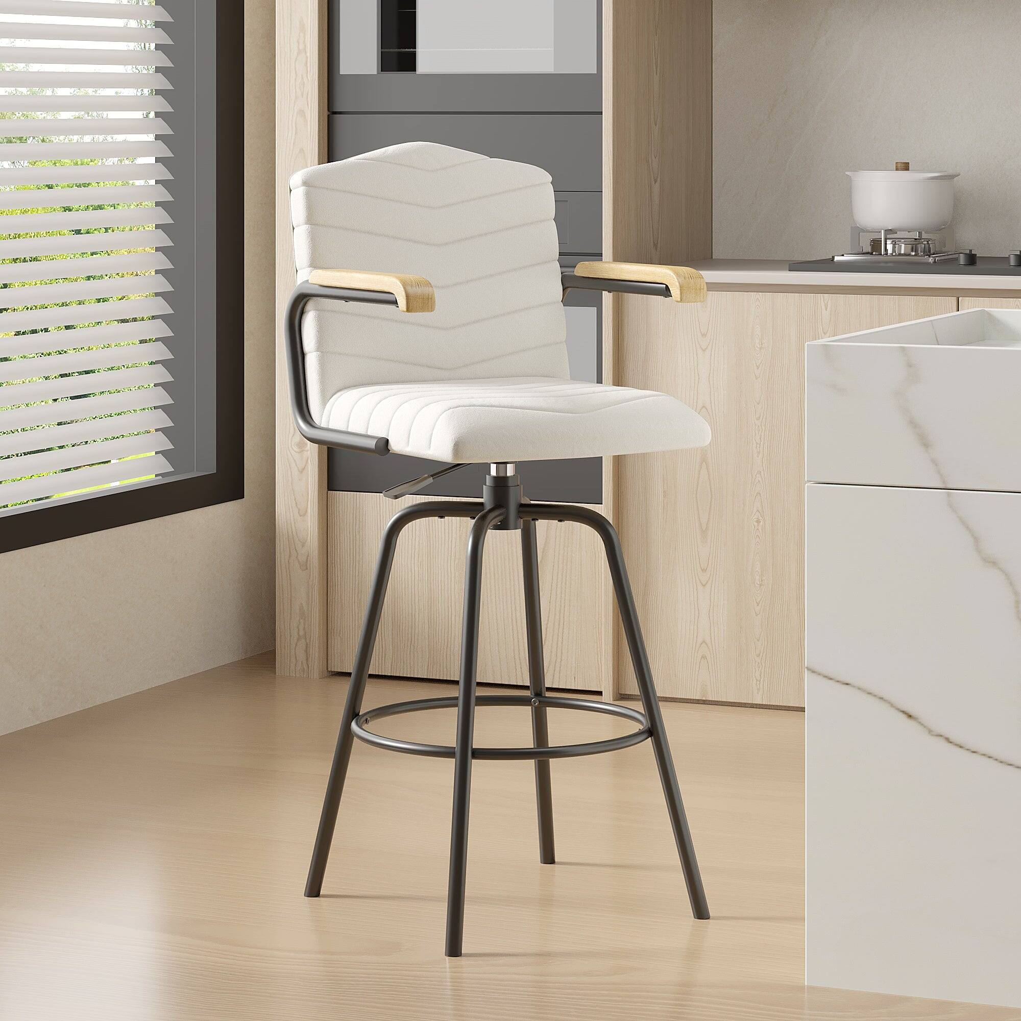 Alt View 4. Vecelo - Beige Velvet Bar Stool Set Of 4 With Arms -Metal Frame, Wooden Arms And Floor Protectors - Beige.