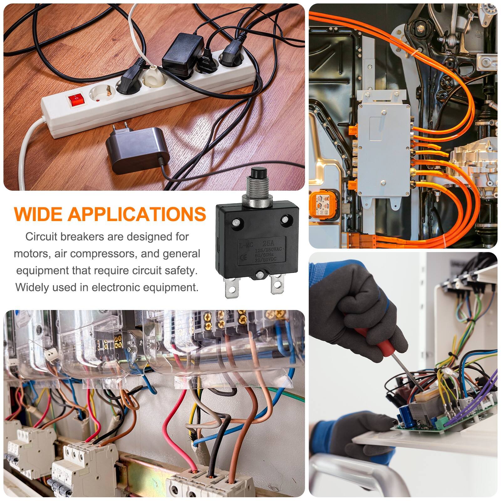 WIDE APPLICATIONS

Circuit breakers are designed for L-NC 25A 135/R50VAC motors, air compressors, and general equipment that require circuit safety. Widely used in electronic equipment.