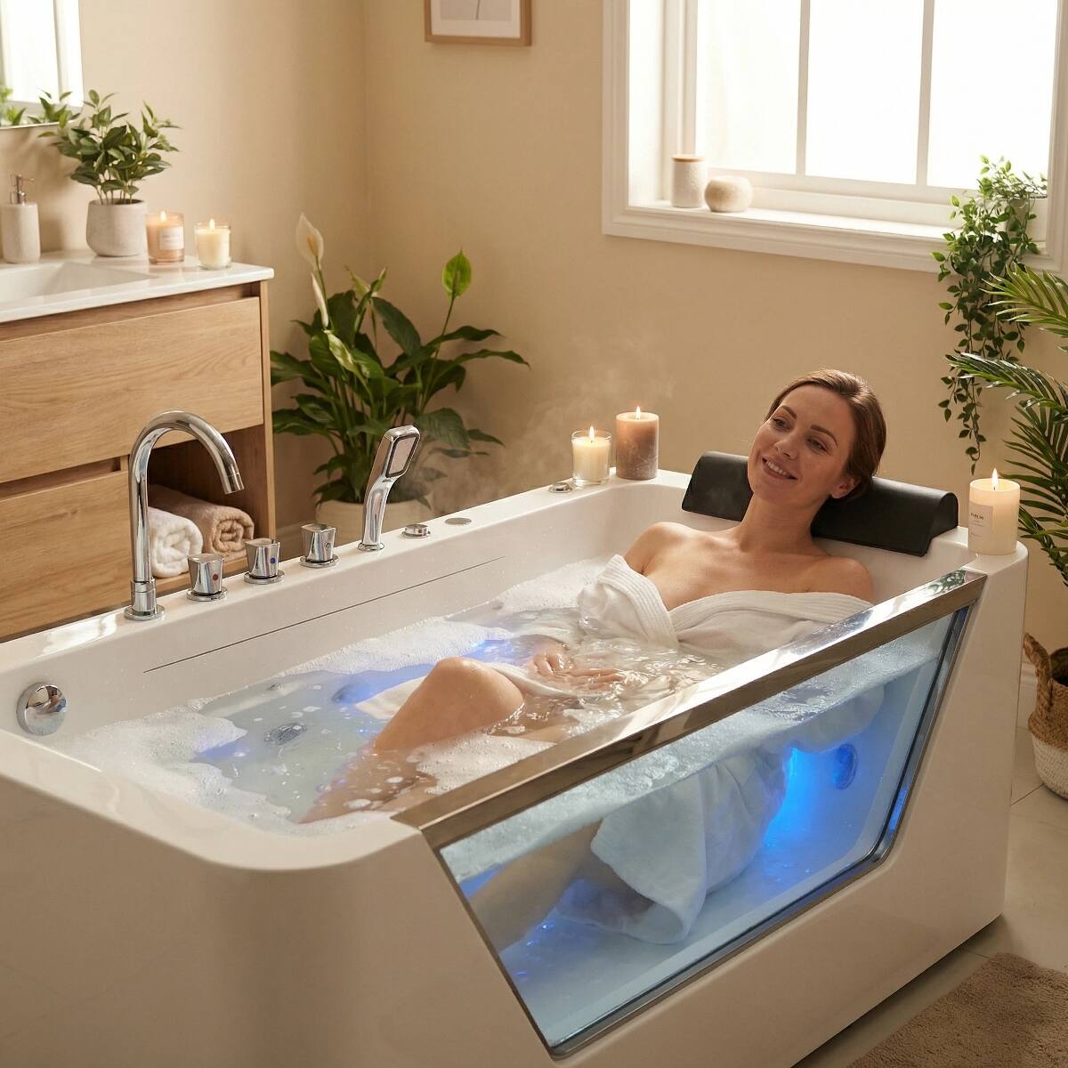 Angle. Loheer - Loheer 67 in Whirlpool Bathtub with Glass Panel, 7 Jet Acrylic Jetted Tub, LED Light, White - Milk White.