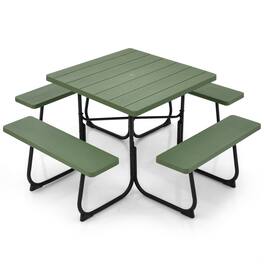 Gymax - Outdoor Picnic Table 8-person Square Picnic Table Bench Set w/ 4 Benches & Umbrella Hole - Green