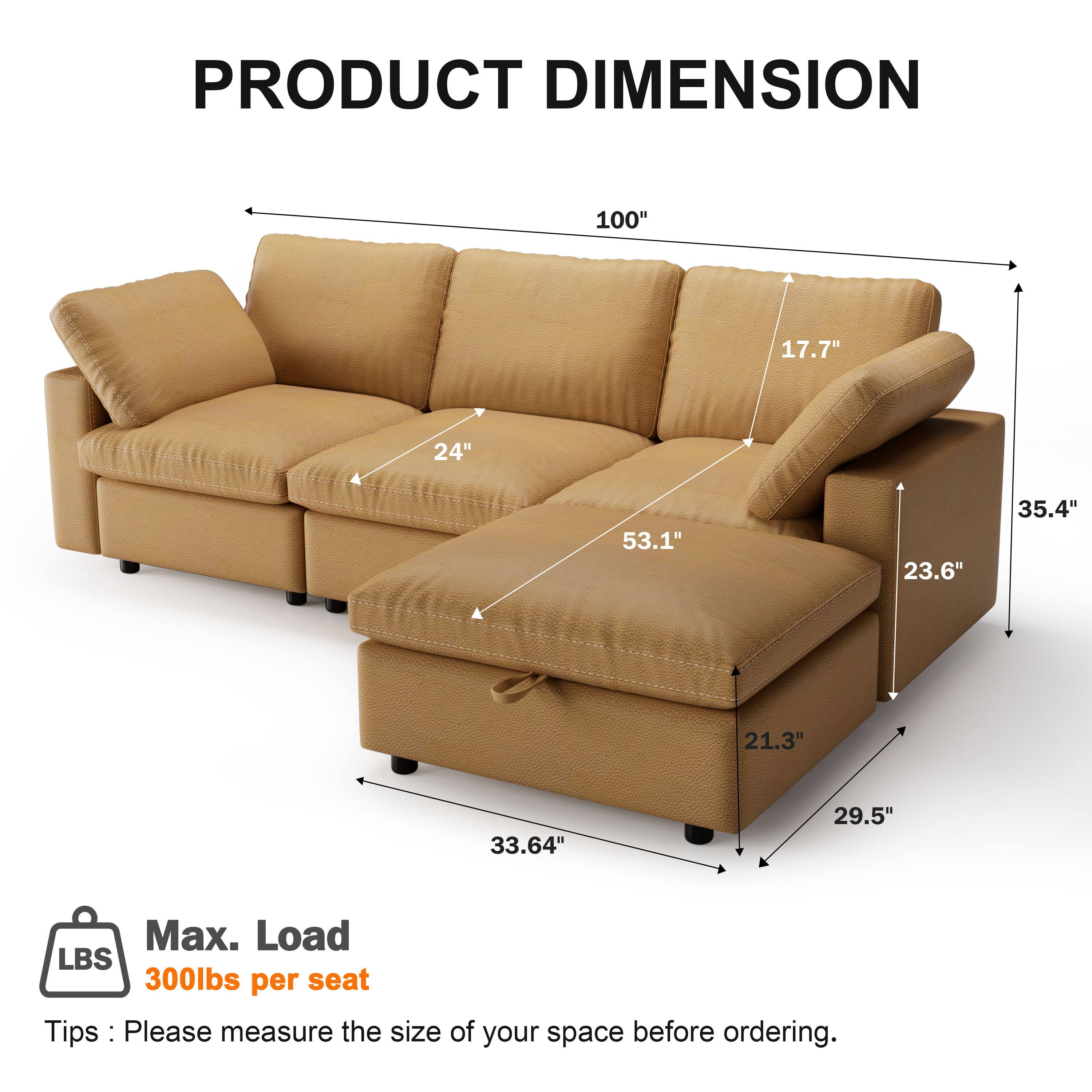 **PRODUCT DIMENSION**

- Length: 100"
- Depth: 24"
- Height: 35.4"
- Seat Height: 17.7"
- Arm Height: 23.6"
- Seat Depth: 29.5"
- Seat Width: 53.1"
- Overall Height: 33.64"

**Max. Load: 300lbs per seat**

**Tip:** Please measure the size of your space before ordering.
