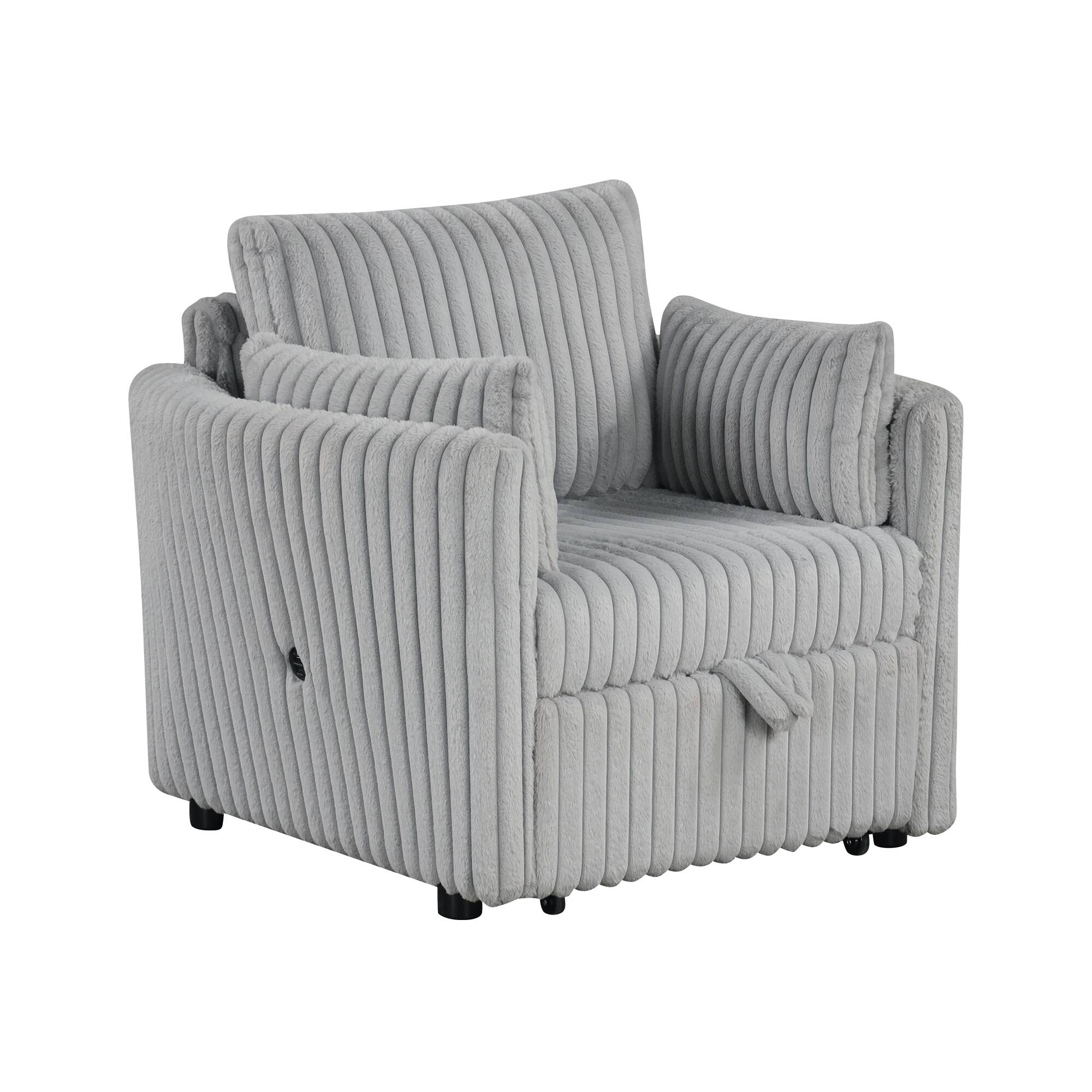 Back. Aukfa - Pull Out Sofa Bed with 2 Pillows, Single Sofa Chair with USB Ports, Pillow Back - Light Gray.