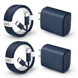 Bundle - Core Tech - 2-Pack 20W USB-C Fast Charger Blocks with 2 10 ft USB-C Cables for iPhone 18/17/16/15 - Navy Blue - Navy Blue