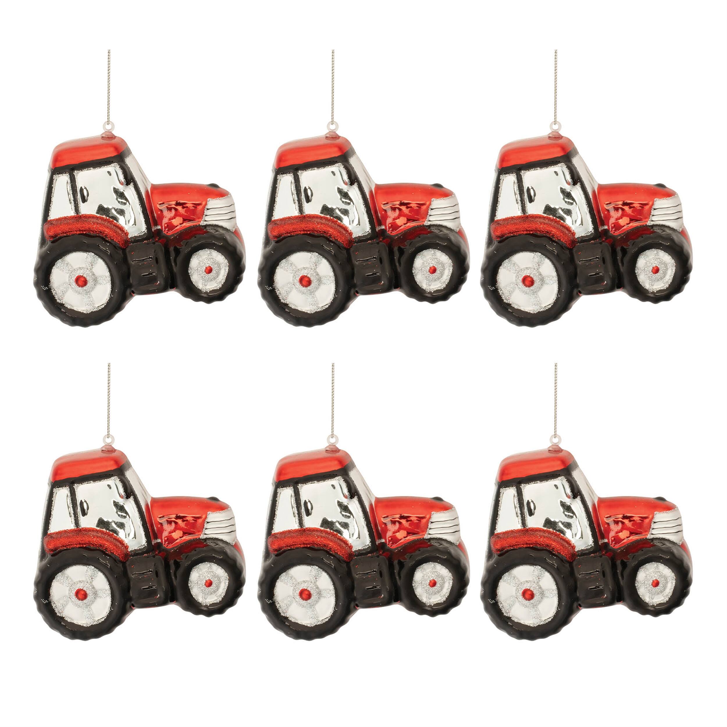 Left. BreeBe - Glittered Glass Tractor Ornament (Set of 6) - Red, Silver.
