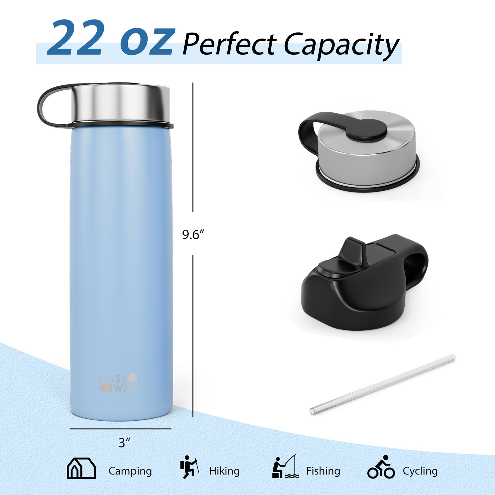 22 oz Perfect Capacity  
9.6"  
3"  
Camping  
Hiking  
Fishing  
Cycling