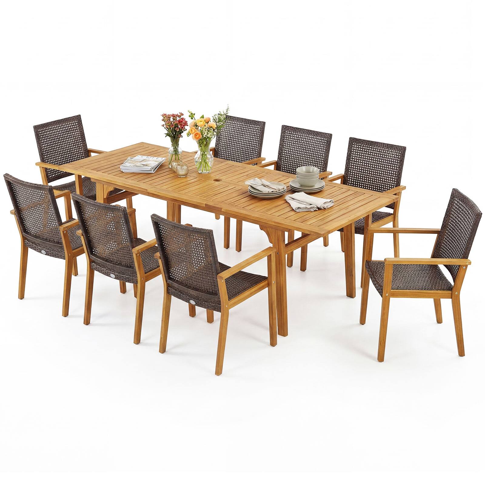 Costway - 9 PCS Expandable Patio Dining Set with 1.97" Umbrella Hole & 8 Armchairs for Garden - Mix Brown & Natural