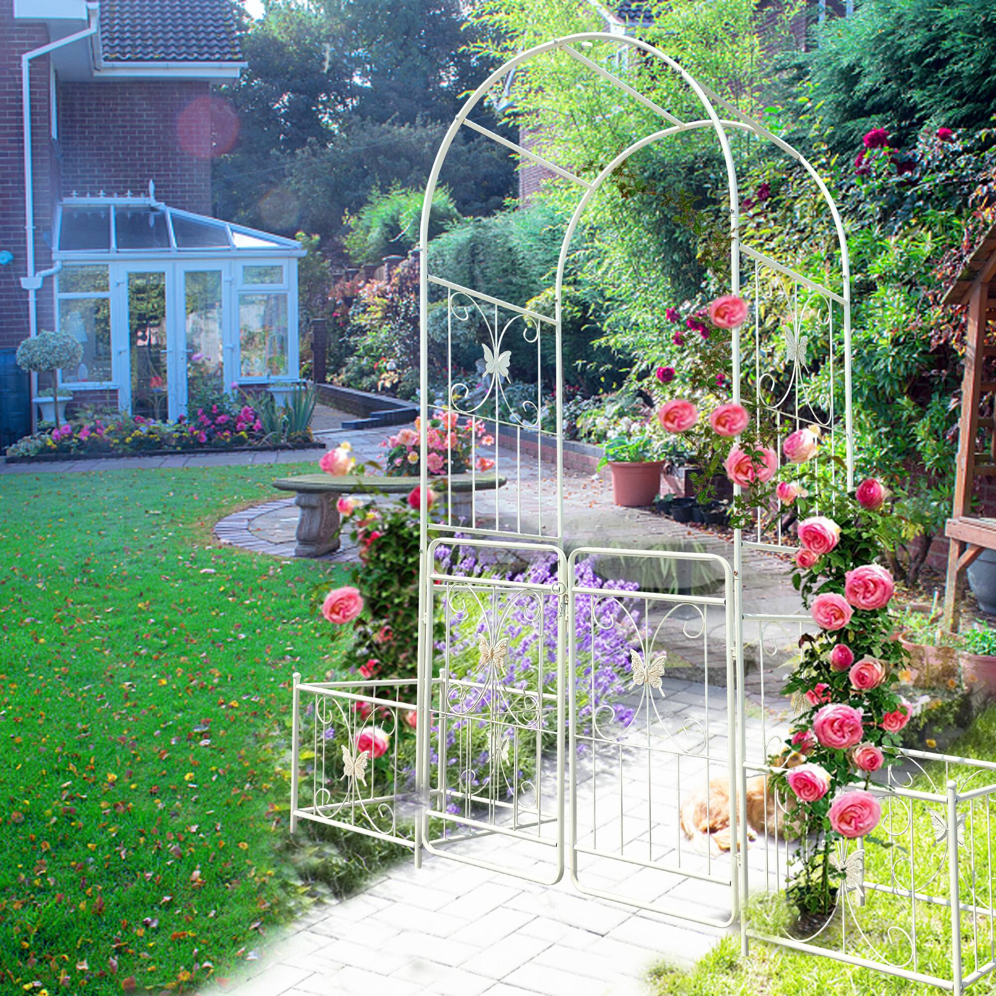 Alt View 5. Loheer - 6.63 ft W x 7.22 ft H Metal Garden Arch with Gate Rose Trellis for Outdoor Garden - Creamy White.