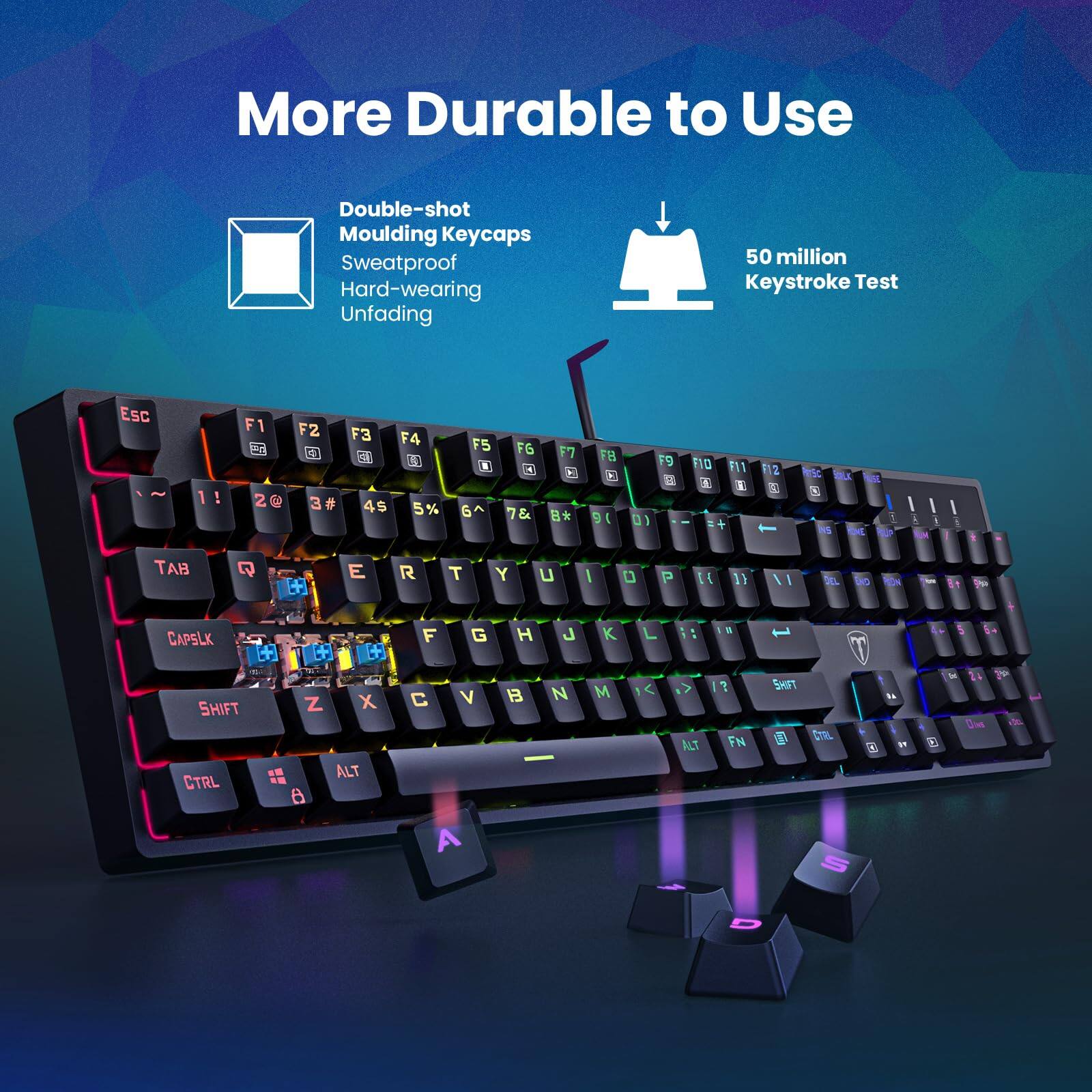 More Durable to Use

Double-shot Moulding Keycaps
Sweatproof
Hard-wearing
Unfading

50 million Keystroke Test