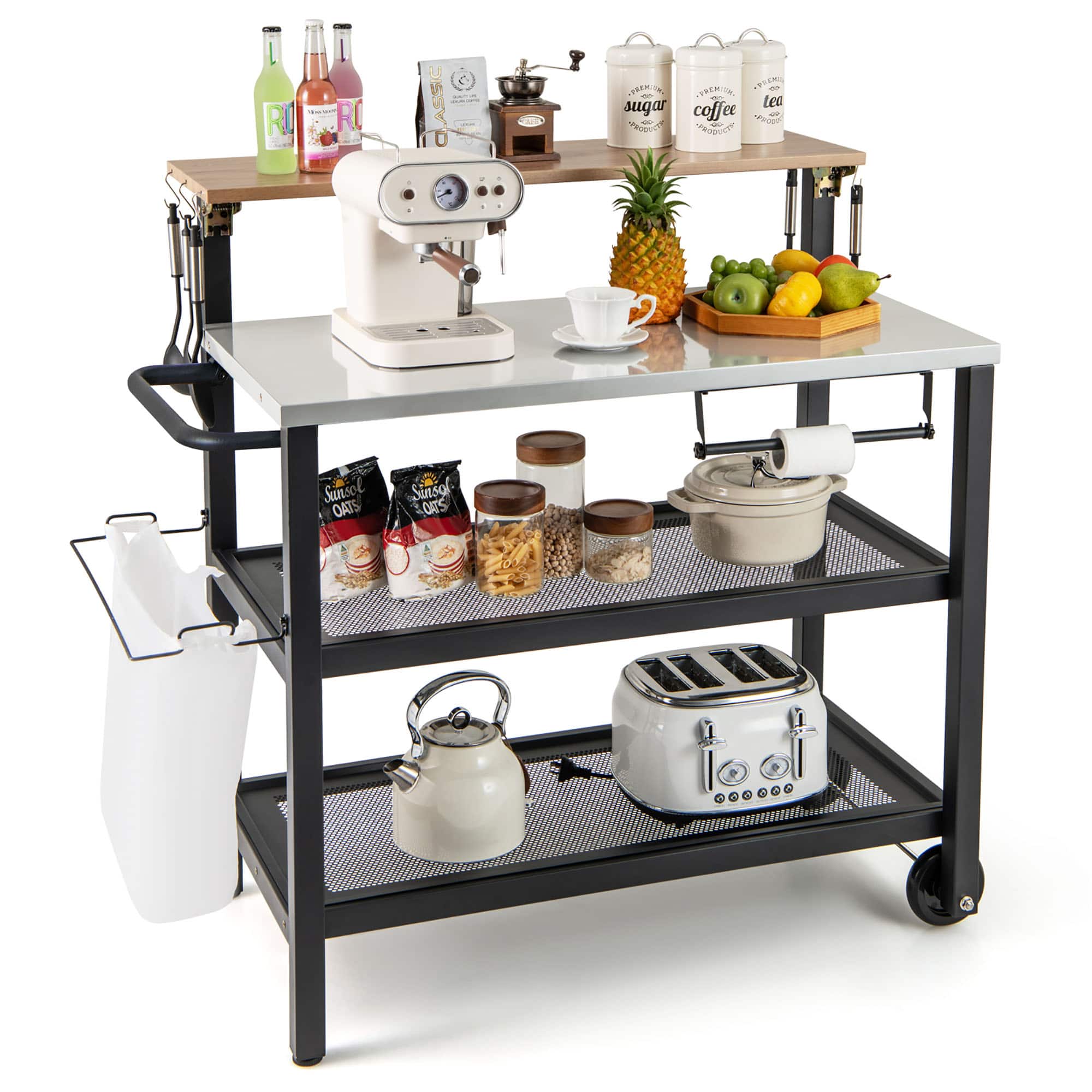 Gymax - Rolling Bar Cart w/ Flip-up Table Hooks Paper Towel Holder Trash Bag Holder - Black