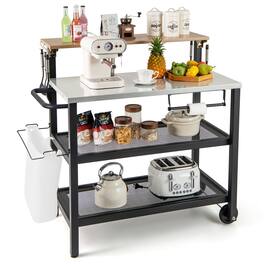 Gymax - Rolling Bar Cart w/ Flip-up Table Hooks Paper Towel Holder Trash Bag Holder - Black