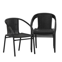 Emma + Oliver - 4 Pack Rattan Indoor-Outdoor Restaurant Stack Chair with Curved Back - Black