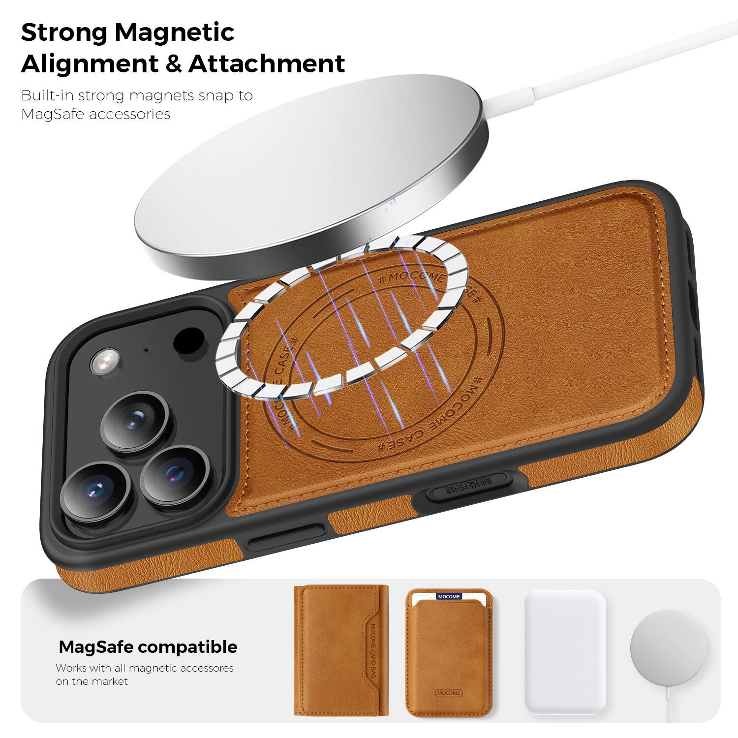 Strong Magnetic Alignment & Attachment  
Built-in strong magnets snap to MagSafe accessories  

MagSafe compatible  
Works with all magnetic accessories on the market  

MOCOME CASE  
MOCOME CARD CASE