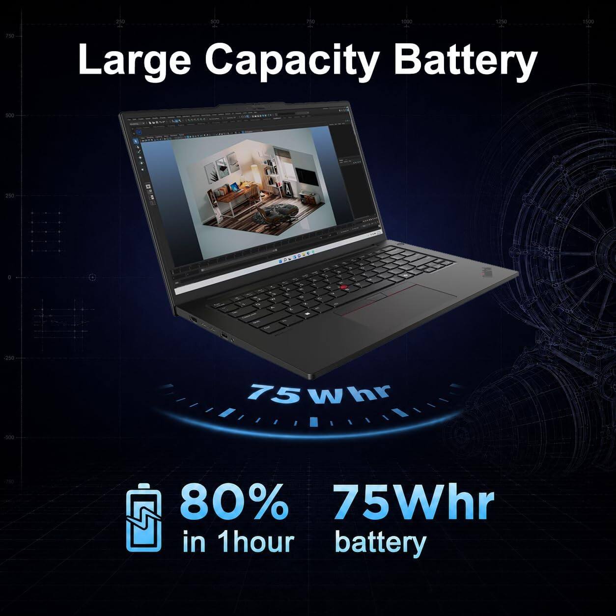 750  
250 500 750 1000 1250 1500  
Large Capacity Battery  
500  
250  

0  
WT 4  
% a  
. 9 10  
o  
250  
75Whr  
-500  
80% 75Whr in 1 hour battery
