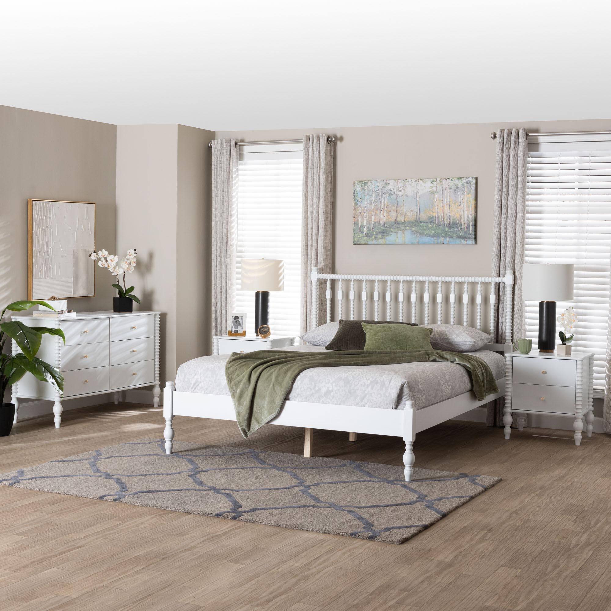 Alt View 7. Baxton Studio - Callison Spindle 4-Piece Bedroom Set - Platform Bed with Matching Dresser and 2-Drawer Nightstands, Full - White.