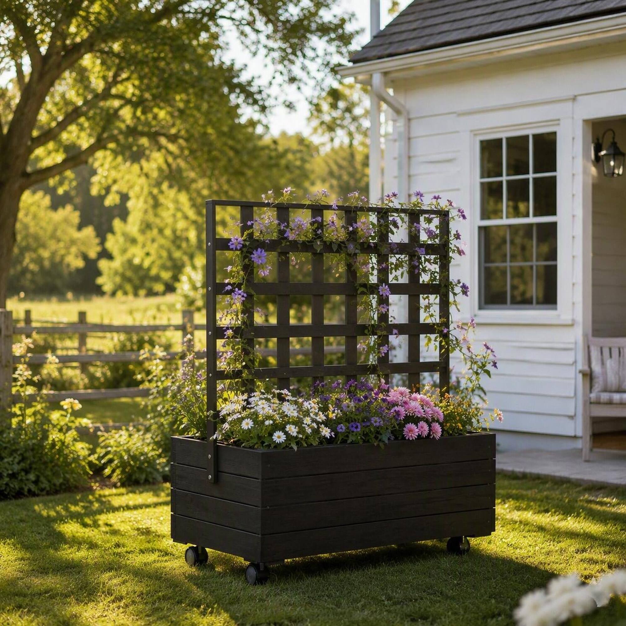 Angle. RYHNUYNE - Wooden Elevated Garden Bed with Trellis on Wheels for Patio, 34.6 x 18.9 x 41.3 Inch Fir Raised Planter Box - Black.