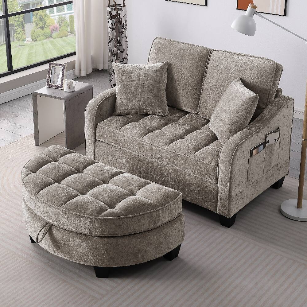 Left. Loheer - Loheer Brown Corduroy Two-Seater Sofa with Storage Footrest and Pillows - Brown.