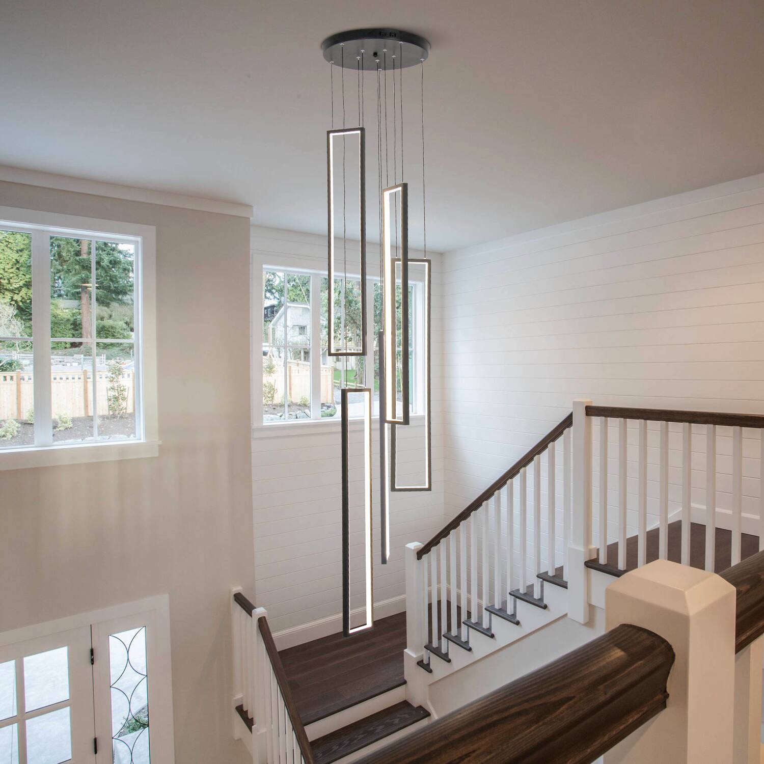 Angle. Umeiluce - 5-Light Chandelier Long High Ceiling Cluster Pendant for Hallway Staircase Remote Dimmable - matte black.