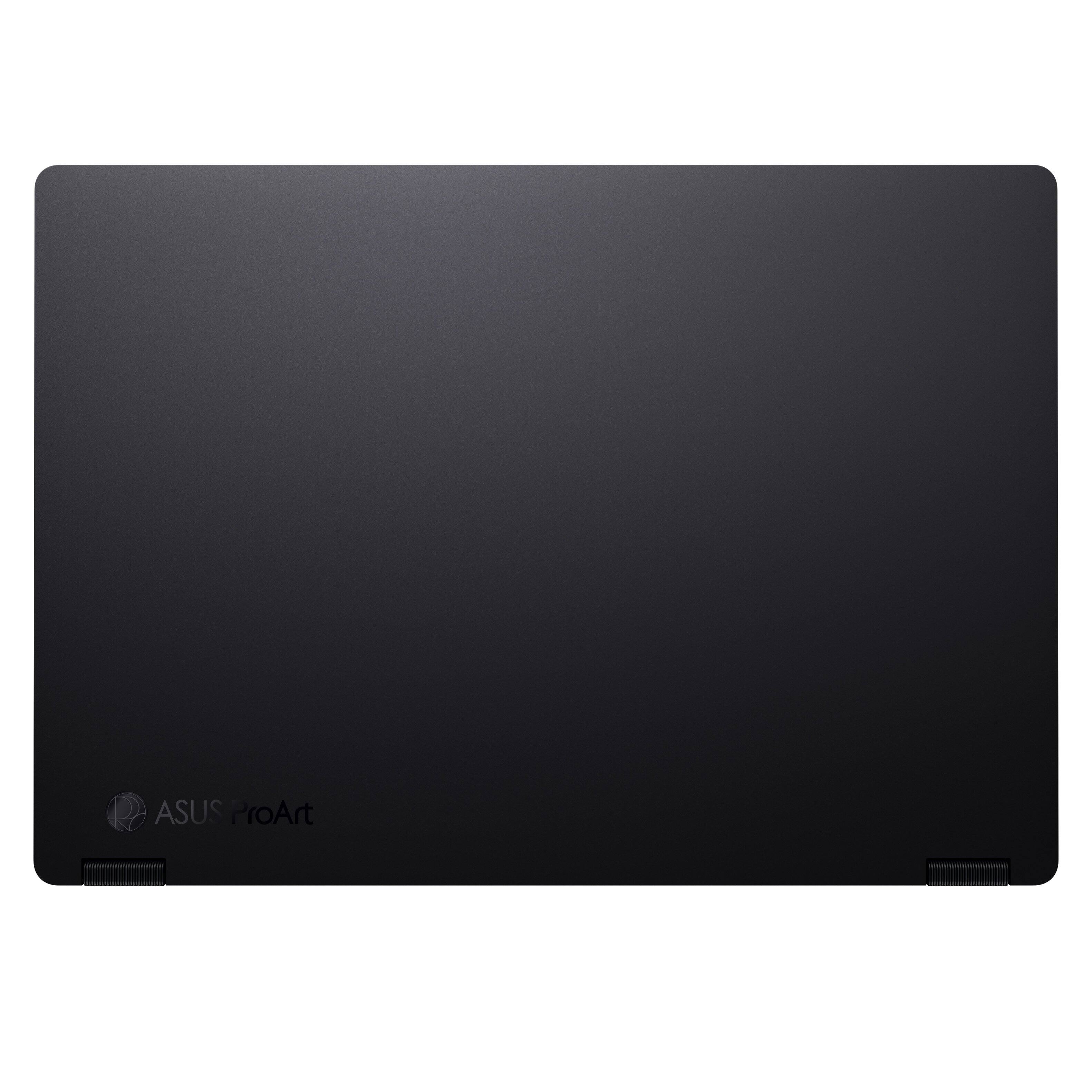 The image features a black laptop with the ASUS ProArt logo on the bottom left corner. The laptop is displayed in a close-up view, showcasing its sleek design and minimalist appearance.