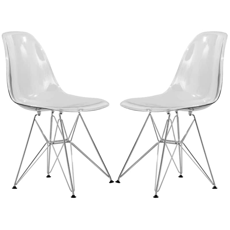 Front. LeisureMod - Cresco 2-Pieces Acrylic Dining Chair with Curved Back and Chrome Eiffel Legs - Clear.