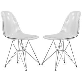 LeisureMod - Cresco 2-Pieces Acrylic Dining Chair with Curved Back and Chrome Eiffel Legs - Clear