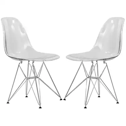 Front. LeisureMod - Cresco 2-Pieces Acrylic Dining Chair with Curved Back and Chrome Eiffel Legs - Clear.