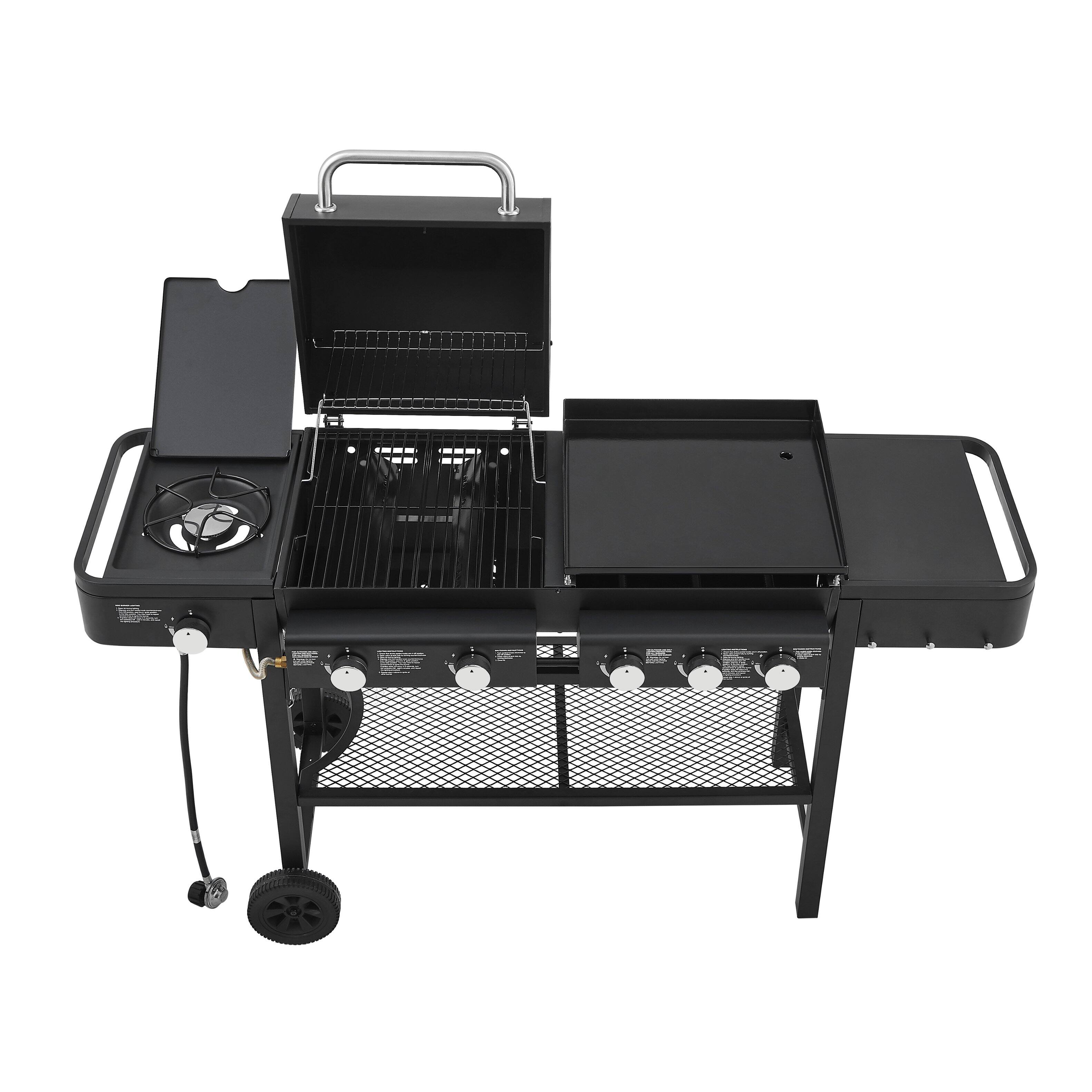 Back. COWLOWN - 5 Burner All in One Propane Gas Grill and Griddle 56000 BTU 745 Sq In Heavy Duty Stand Black.