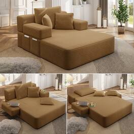 Anysun - Multi-Functional Frameless Convertible Plush Corduroy Chaise Lounge Sofa Bed with Storage Pockets, 3 Soft Pillows - Camel