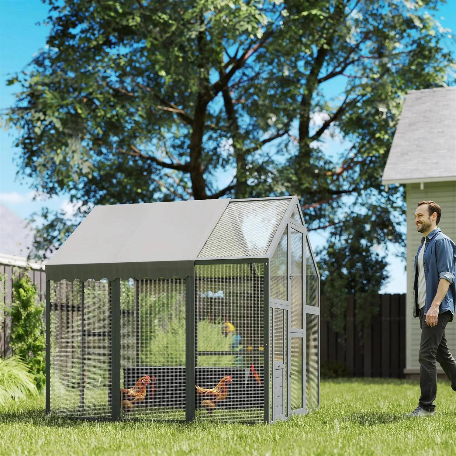 Angle. Pefilos - 66" Large Chicken Coop Rabbit Hutch, Outdoor Wooden Poultry Cage Hen House with Nesting Box, Waterproof & Anti-UV Cover.