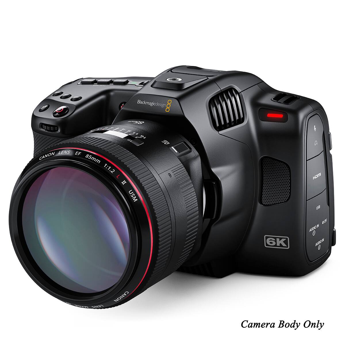 Blackmagicdesign 85mm 21 10 16 MF LENS EF CANON 85mm 1:1.2 II USM  
6K  
HDMI USB N 012V CAGUA 0 AUDIO IN  
MADE LENS  
CANON  
Camera Body Only
