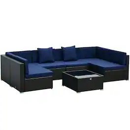 Outsunny - 7-Piece Patio Furniture Set, Outdoor Wicker Conversation Set, All Weather PE Rattan Sectional Sofa Set - Blue