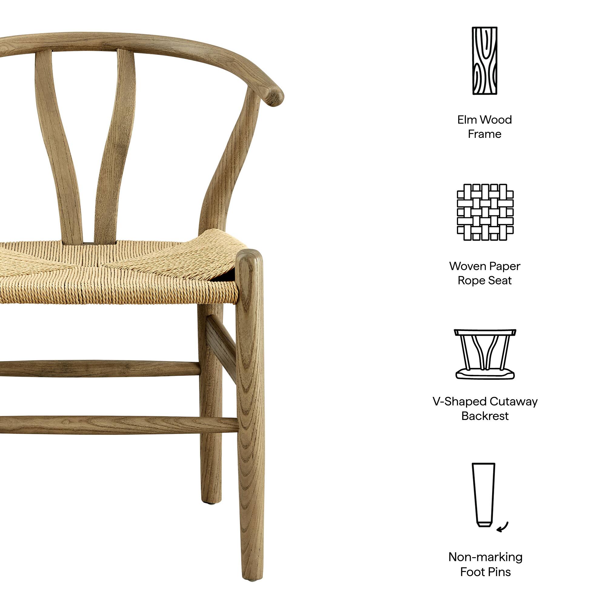 Elm Wood Frame  
Woven Paper Rope Seat  
V-Shaped Cutaway Backrest  
Non-marking Foot Pins