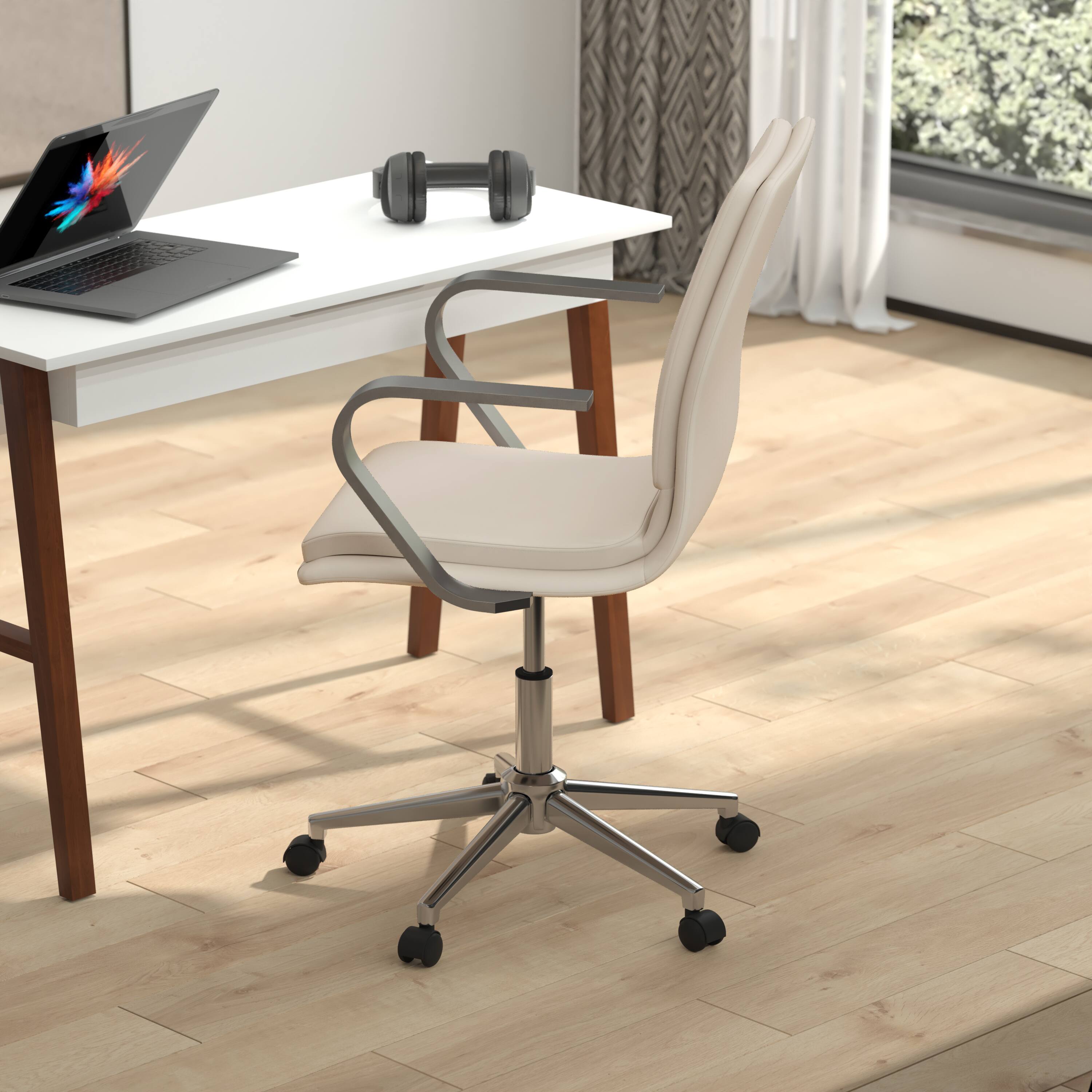 Alt View 3. Emma + Oliver - Ziva Modern Upholstered Mid-Back Home Office Chair with Arms and 5 Star Base - Taupe LeatherSoft/Chrome Frame.
