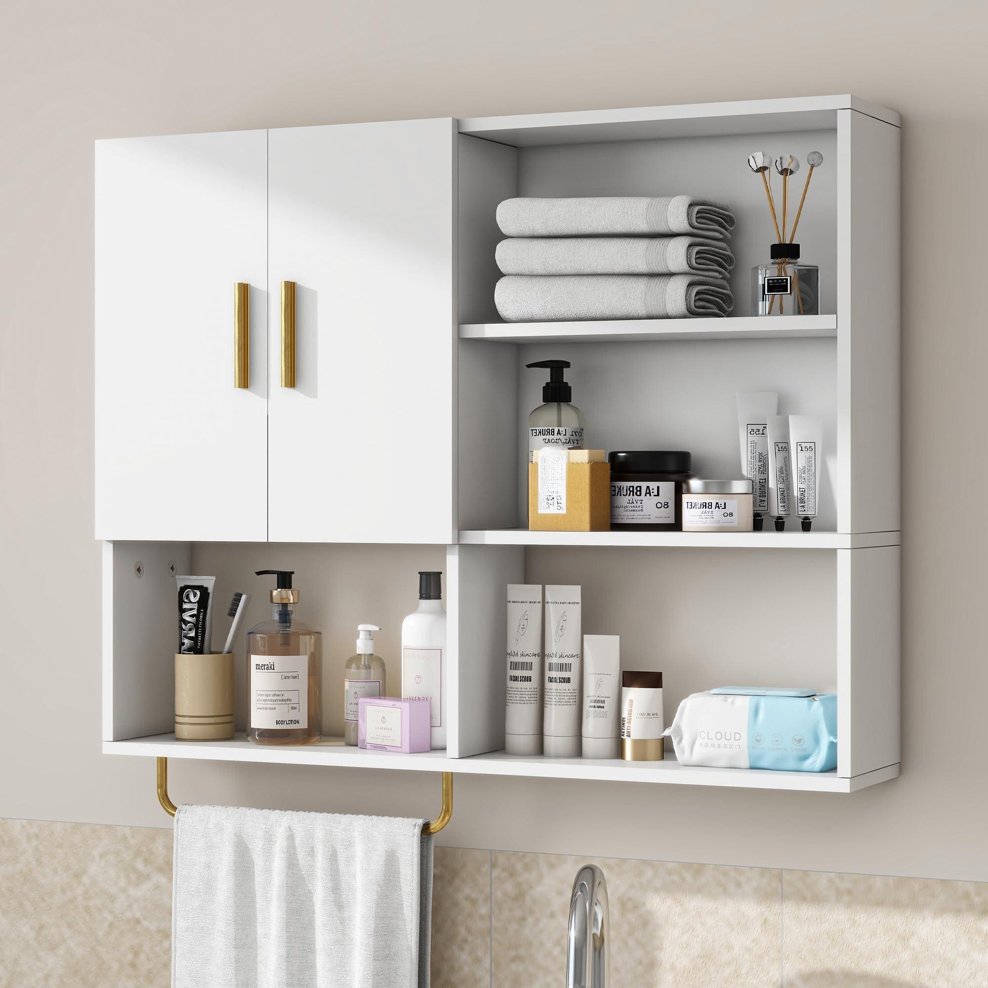Hirose Alice - Wall Cabinet Large Mounted With 2 Doors And 4 Open Shelves Over Toilet Storage Organizer Towel Bar Maximize - White