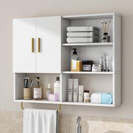 Hirose Alice - Wall Cabinet Large Mounted With 2 Doors And 4 Open Shelves Over Toilet Storage Organizer Towel Bar Maximize - White