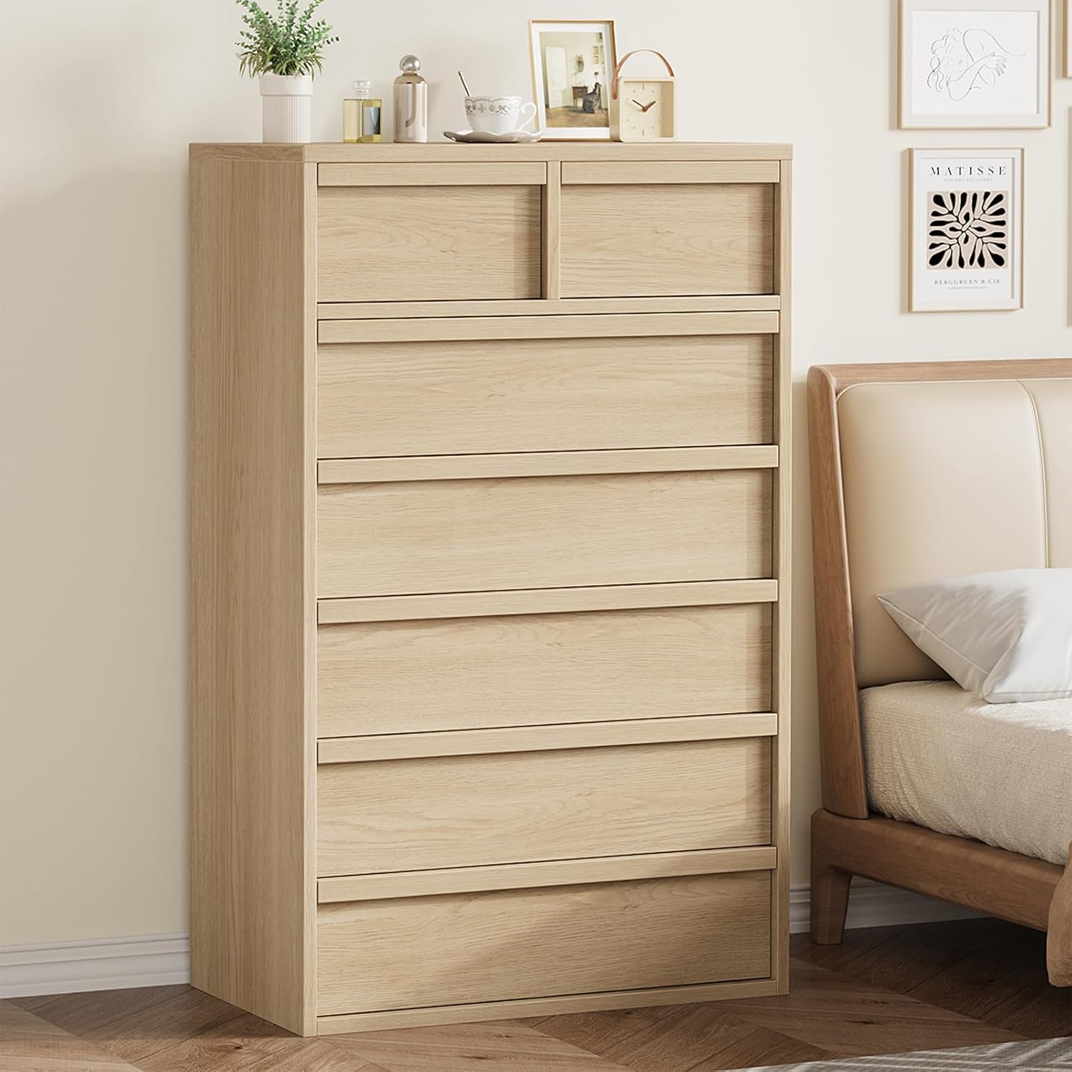 Left. GARVEE - 7 Drawer Dresser for Bedroom, 46in Tall Natural Oak 7 Chest of Drawers with Large Storage, Wooden Dresser Organizer - Natural.