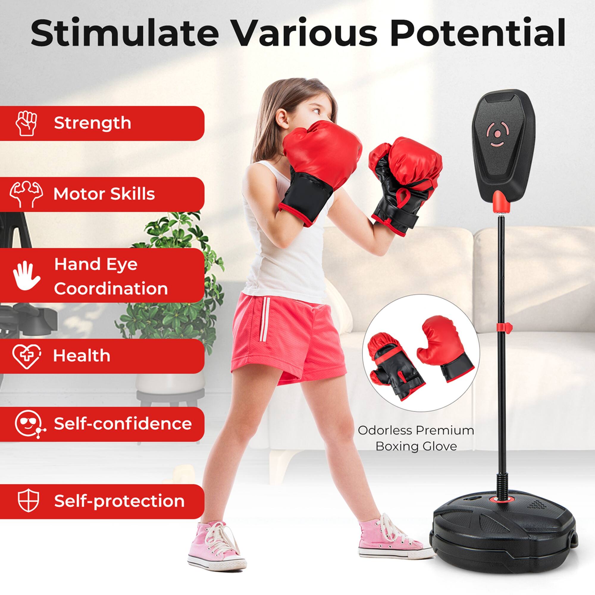 Stimulate Various Potential

Strength
Motor Skills
Hand Eye Coordination
Health
Self-confidence
Self-protection
Odorless Premium Boxing Glove