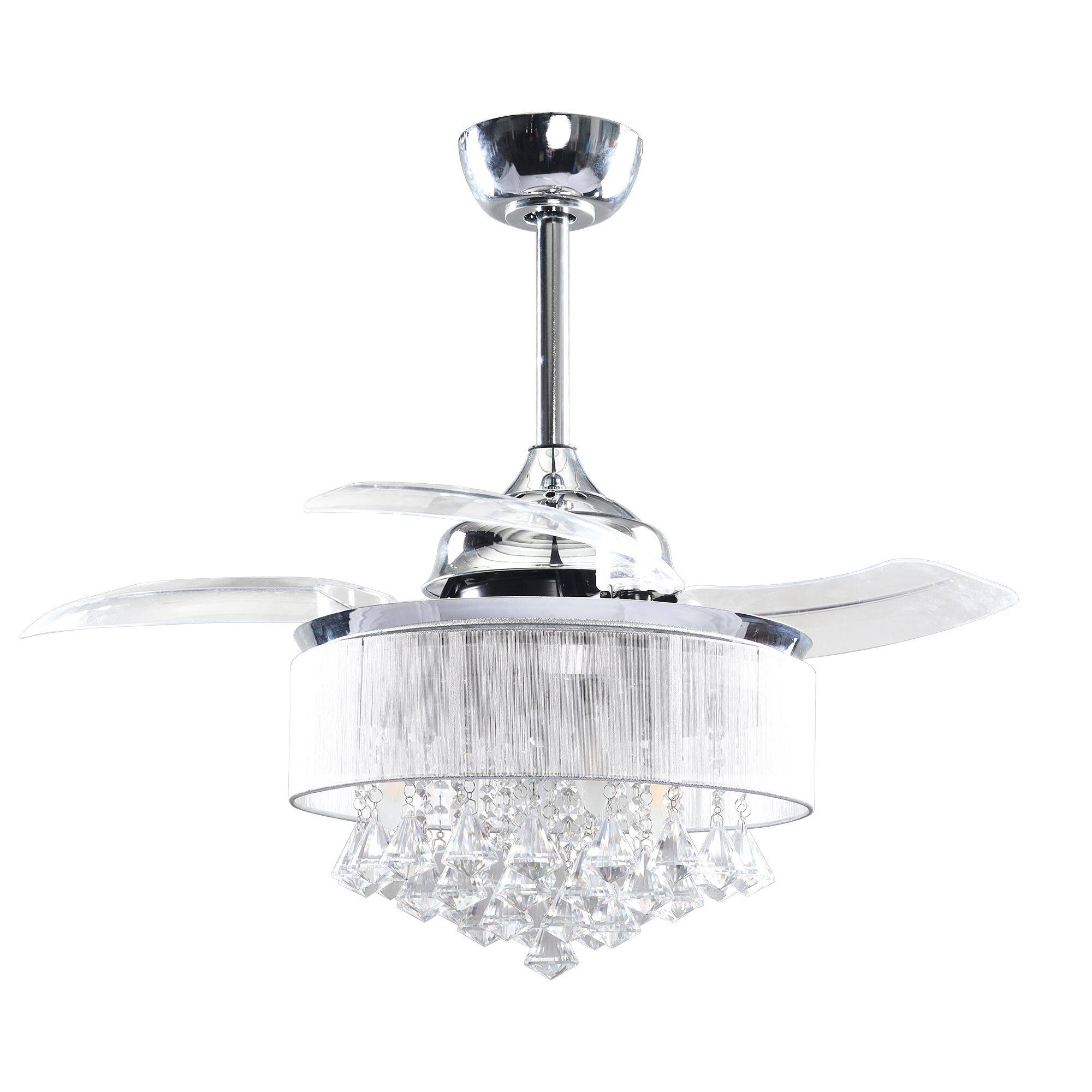 Alt View 4. Parrot Uncle - 36" Chrome Retractable 3-blade Crystal Ceiling Fan Chandelier with Remote - Chrome.