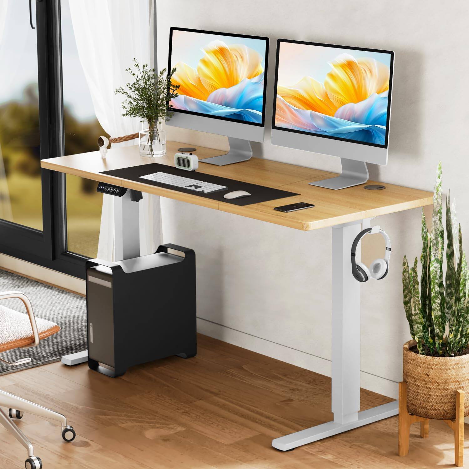Angle. AOITUN - Electric Adjustable Height Standing Desk, 63 inch Sit to Stand Up Desk with Splice Board, Rising Home Office Table - Oak.