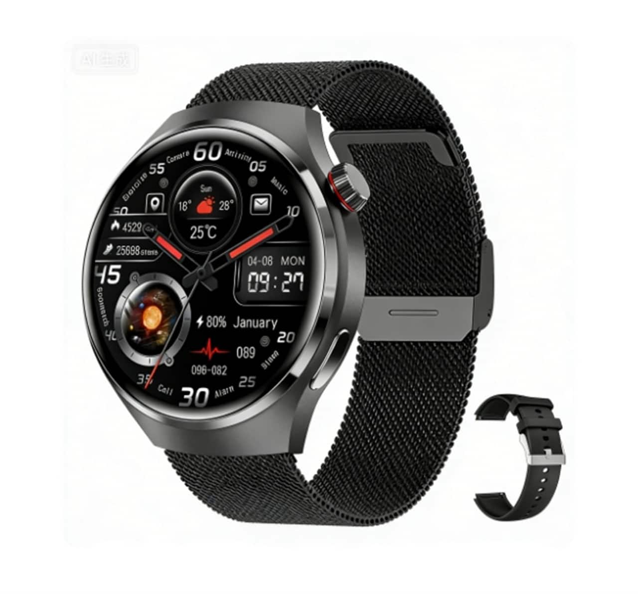 SKRAN - Round Screen Sports Smartwatch with Bluetooth Calling - Waterproof, Smartwatch with Voice Assistant -Mesh + Silicone - Black - (2026)