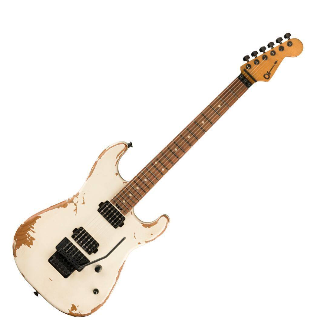 Angle. Charvel - Charvel ProMod Relic San Dimas Style 1 HH FR PF Pau Ferro Electric Guitar - Weatherd White.