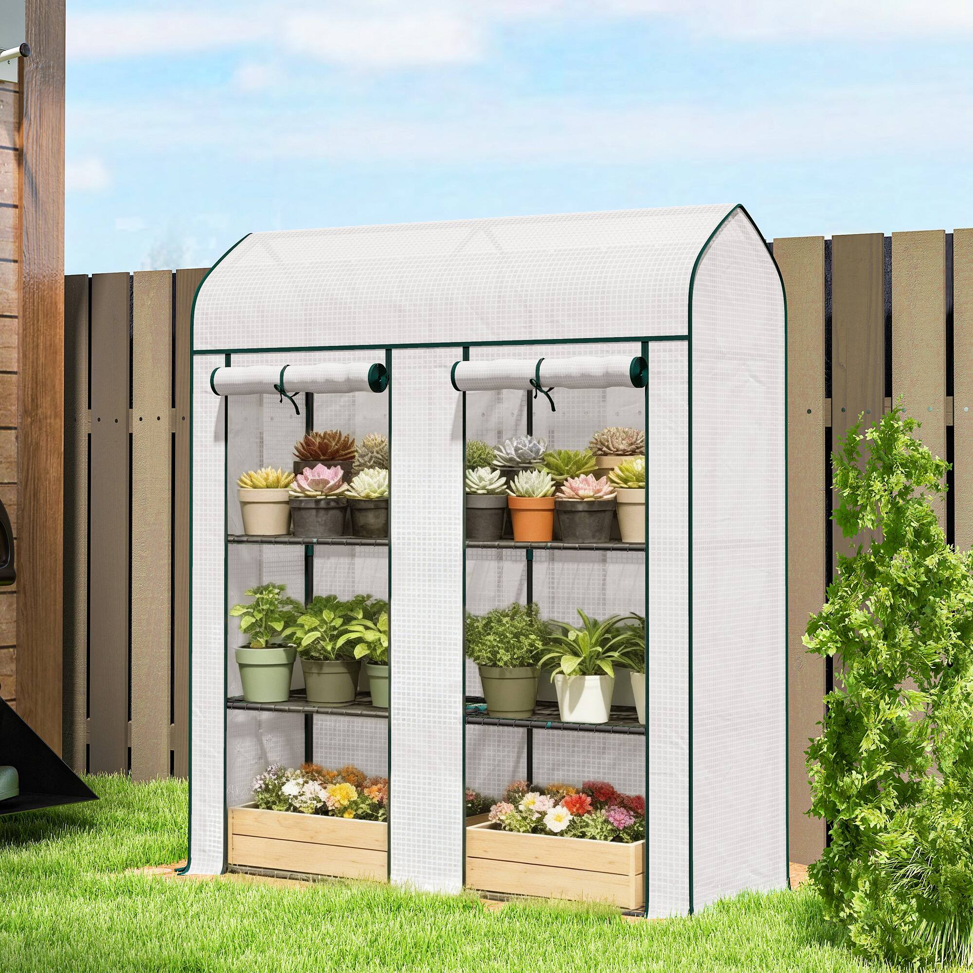 Alt View 1. Outsunny - 3 Tier Mini Greenhouse, 56.3" x 18.1" x 65" Small Portable Greenhouse with 2 Roll-up Doors, Garden Plant Growhouse.