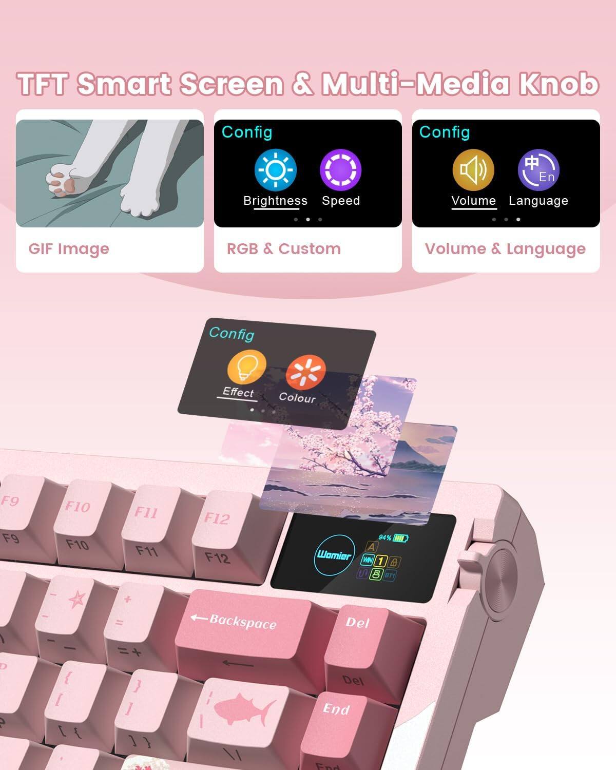 TFT Smart Screen & Multi-Media Knob

Config
- Brightness
- Speed
- Volume
- Language
- GIF Image
- RGB & Custom
- Volume & Language
- Effect
- Colour

Keys:
- F9
- F10
- F11
- F12
- Backspace
- Del
- End

94% M A Womier N 1 A 8 71 I