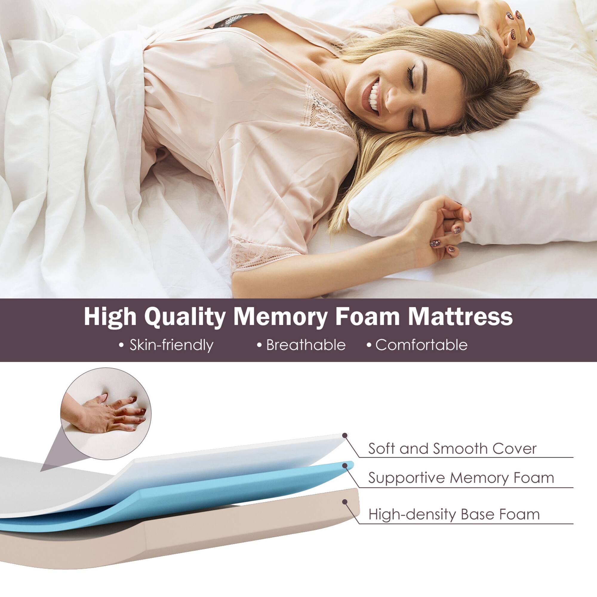 High Quality Memory Foam Mattress
Skin-friendly
Breathable
Comfortable
Soft and Smooth Cover
Supportive Memory Foam
High-density Base Foam