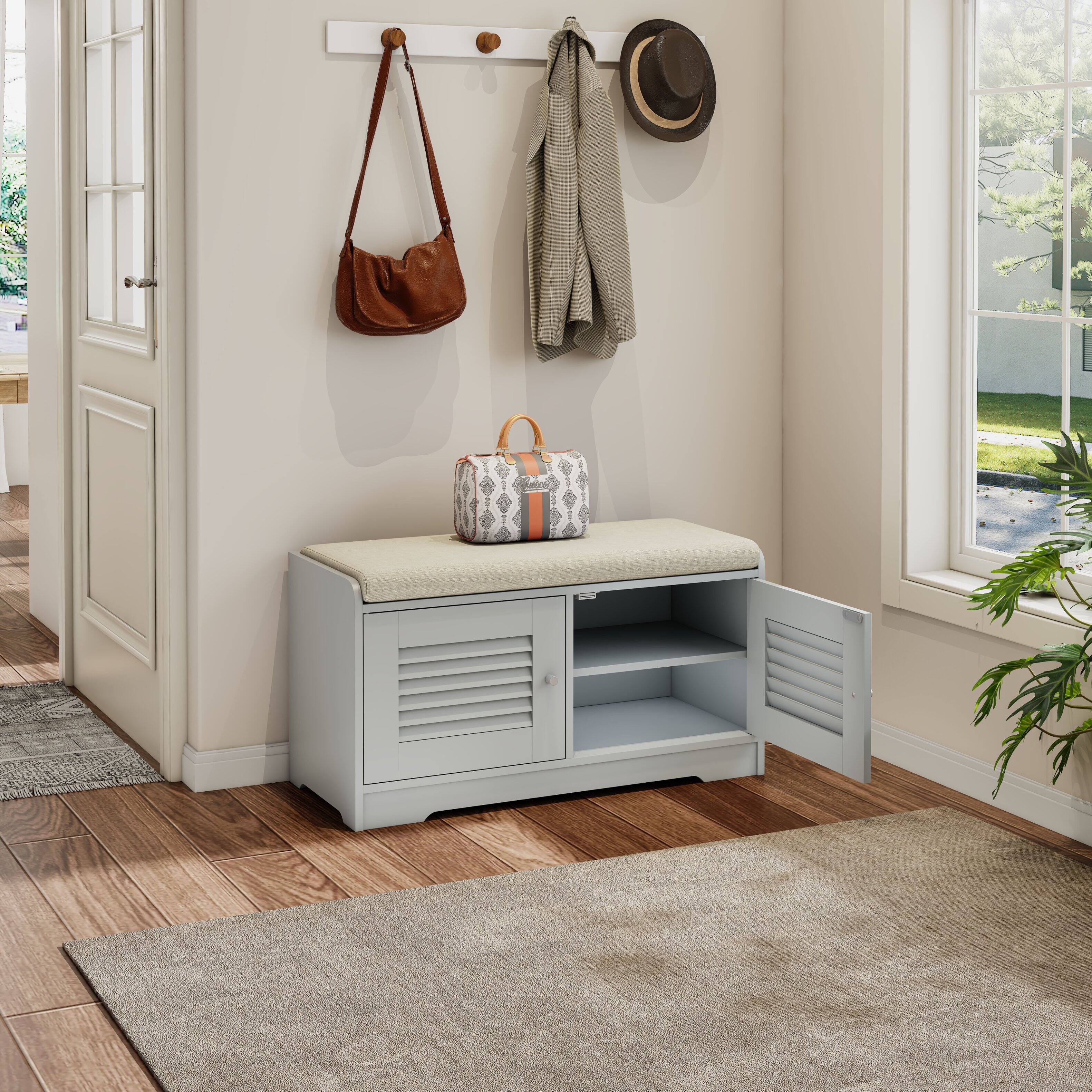 Alt View 1. TinyHomie - 28.74in Shoe Storage Bench with 2 Door Cabinet Grey Shoe Storage Shoe Bench with Cushion Adjustable Shelves - Grey.