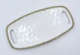 Jiallo - 14" Contemporary Gold Rope Long Tray with Handles – Modern Decorative Serving Tray with Rope‑Style Rim - White