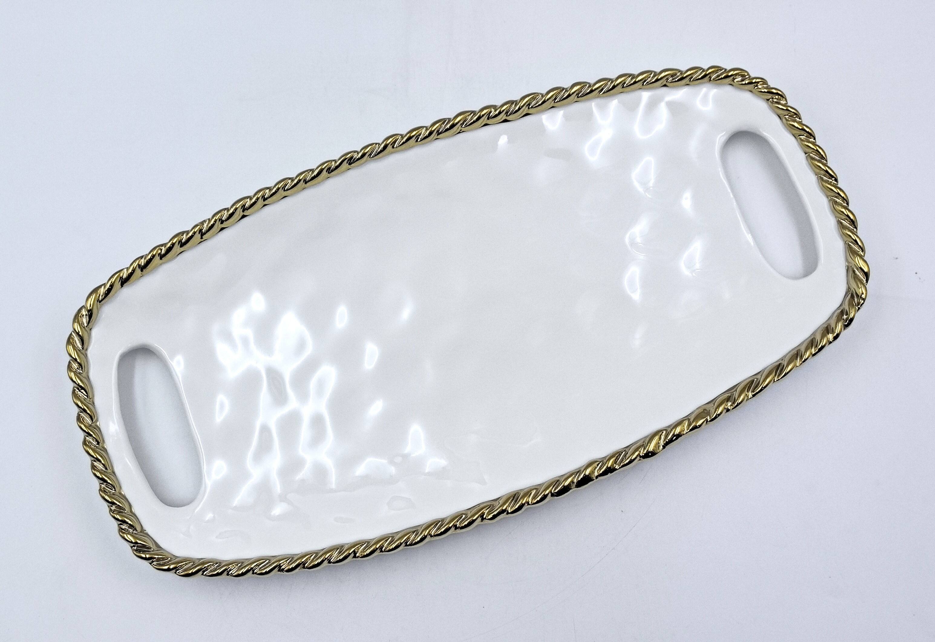 Jiallo - 14" Contemporary Gold Rope Long Tray with Handles – Modern Decorative Serving Tray with Rope‑Style Rim - White